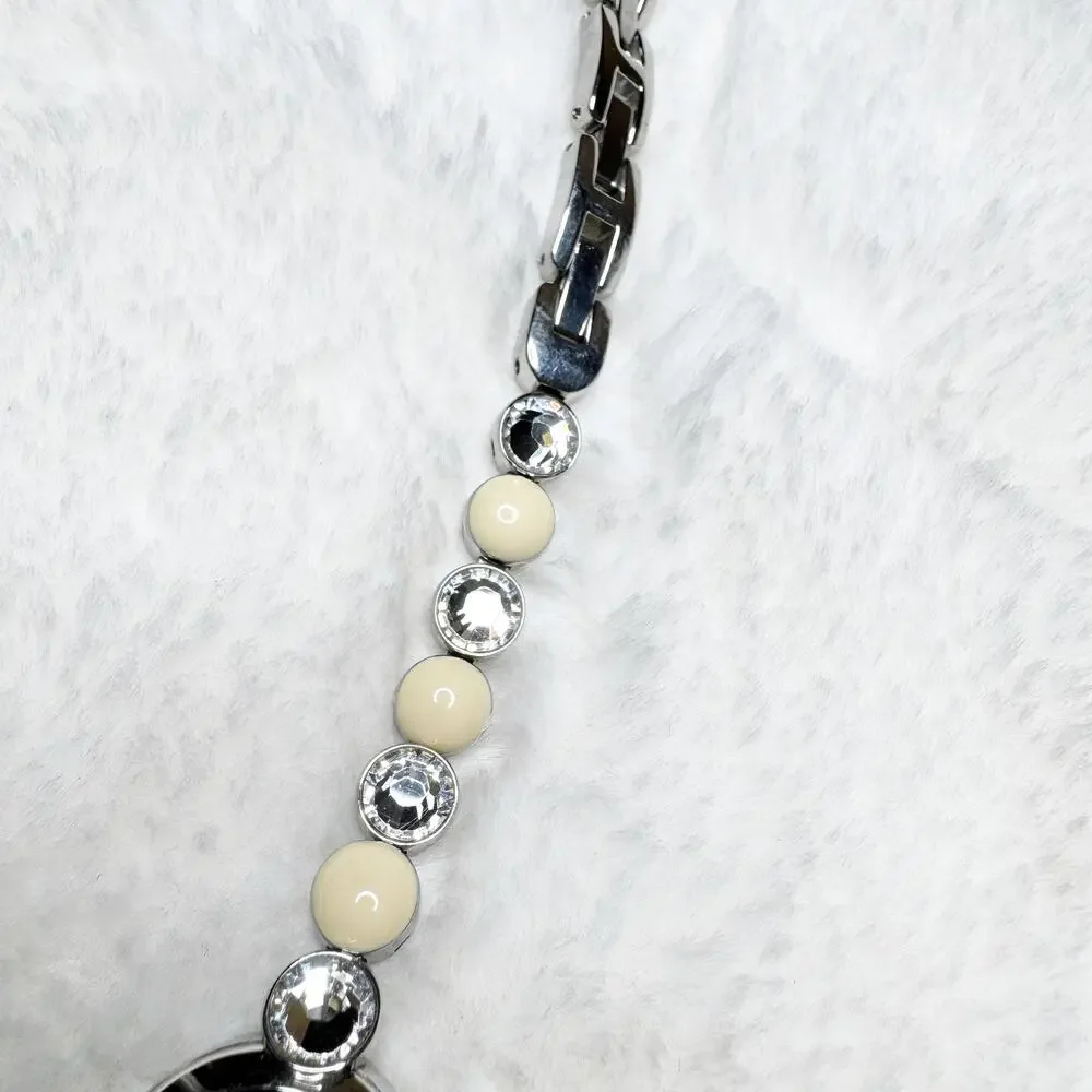 FOSSIL F2 Women's Studded Pearl & Clear Stone Band Silver Metal Watch